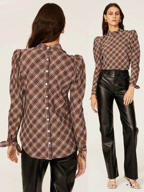 VERONICA BEARD Isabel Top Blouse Plaid Puff Sleeve Button Back Bow Cuffs size 2